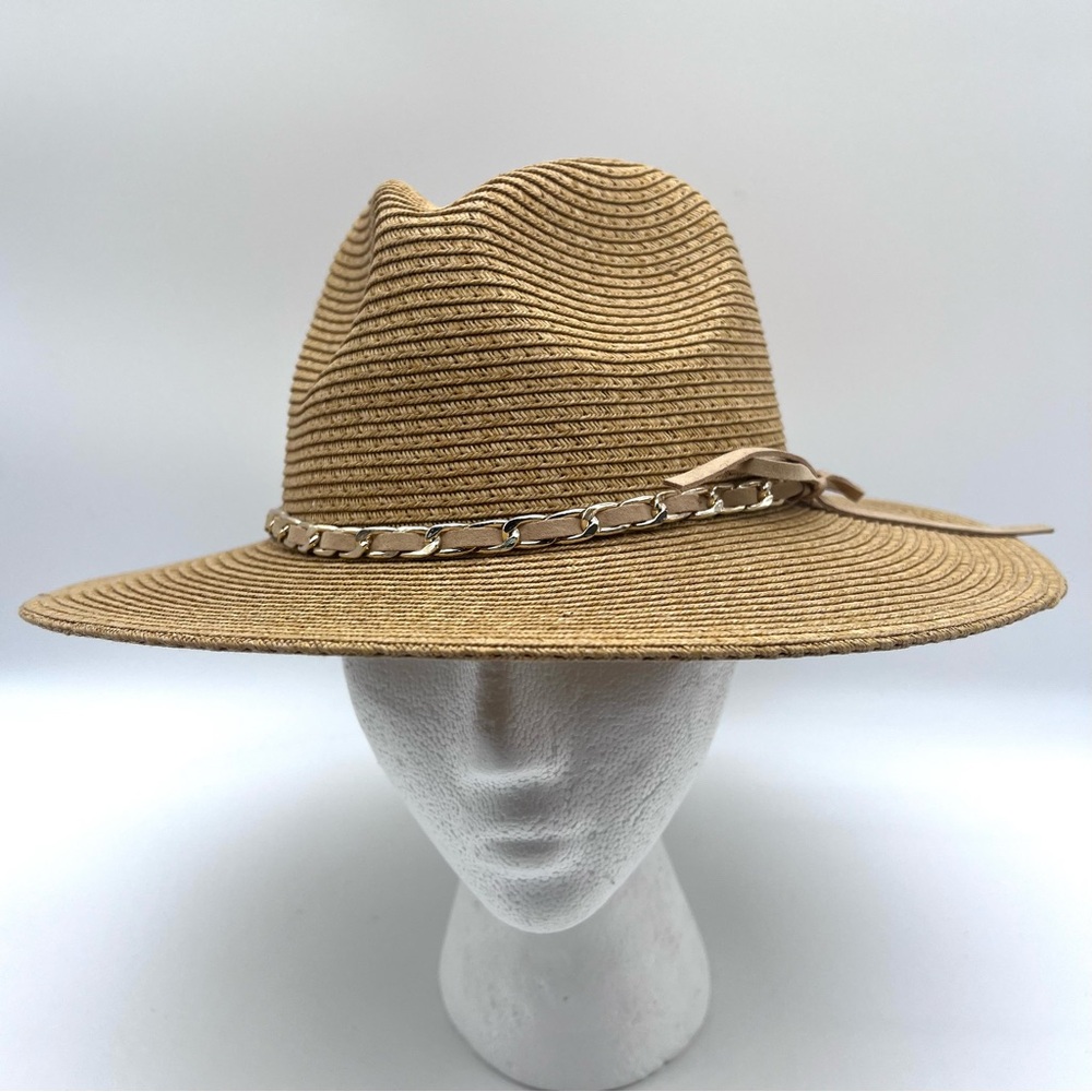 Angela William Straw Fedora Hat Chain Trim One Size EUC